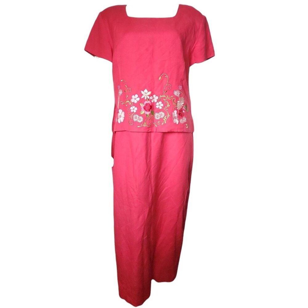 Jessica‎ Howard Dress Womens Plus Size 18 Pink Embroidered Layered Look Linen